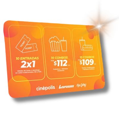 Tarjeta Cinépolis Leopardos naranja: 10 entradas 2x1, 10 combos de palomitas con refresco a $112 y 10 combos de nachos con refresco a $109